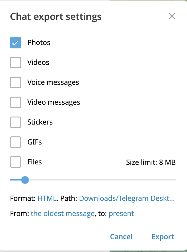 Диалог Chat export settings в Telegram Desktop