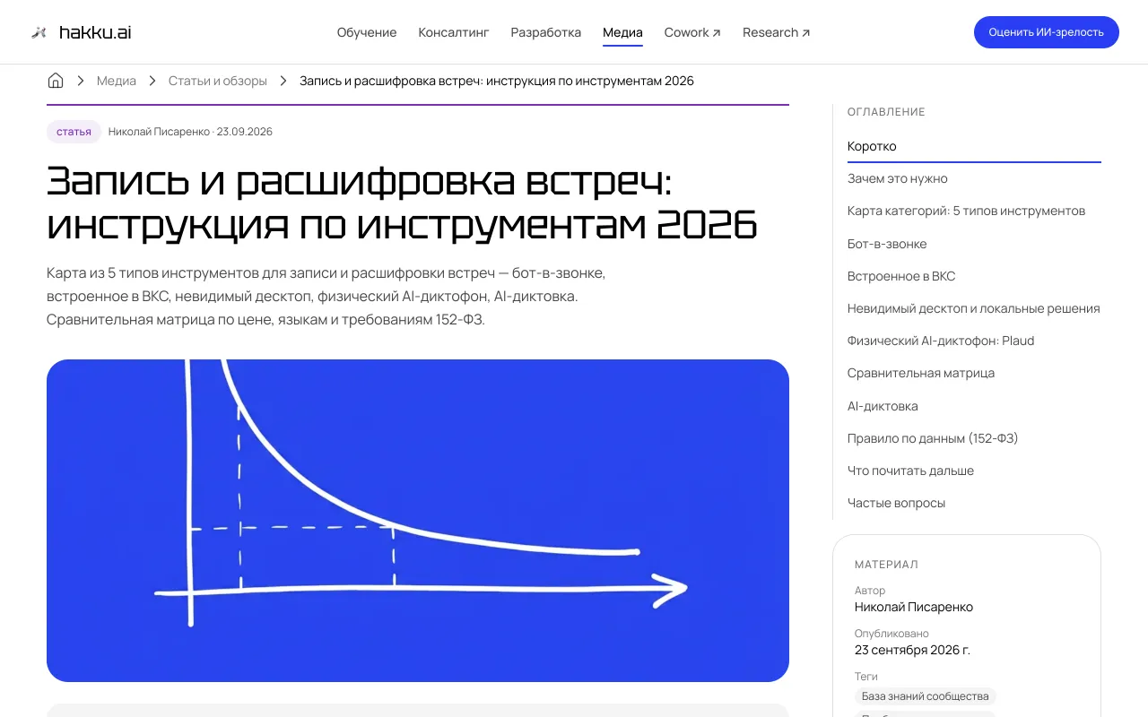 Открытый материал на hakku.ai: «Запись и расшифровка встреч: инструкция по инструментам 2026»